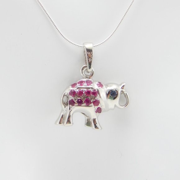 Genuine Ruby and Sapphire Lucky Elephant Necklace in 925 Sterling Silver - Picture 5 of 5